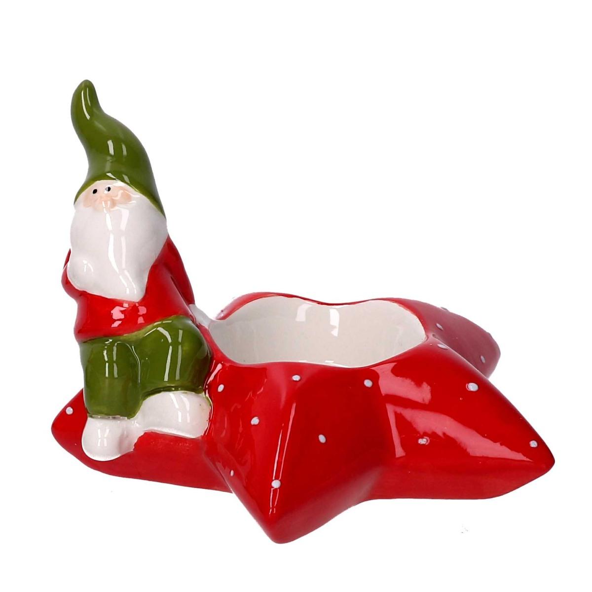 Portacandela Natale Stella Ceramica Rosso con Gnomo cm.11 |Vacchetti