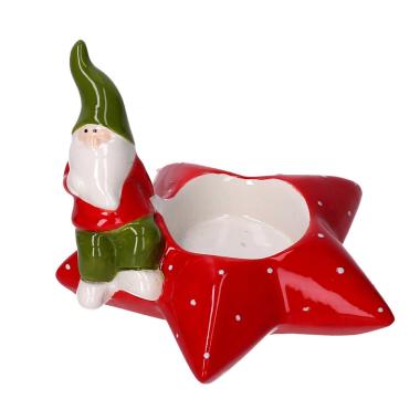 Portacandela Natale Stella Ceramica Rosso con Gnomo cm.11 |Vacchetti