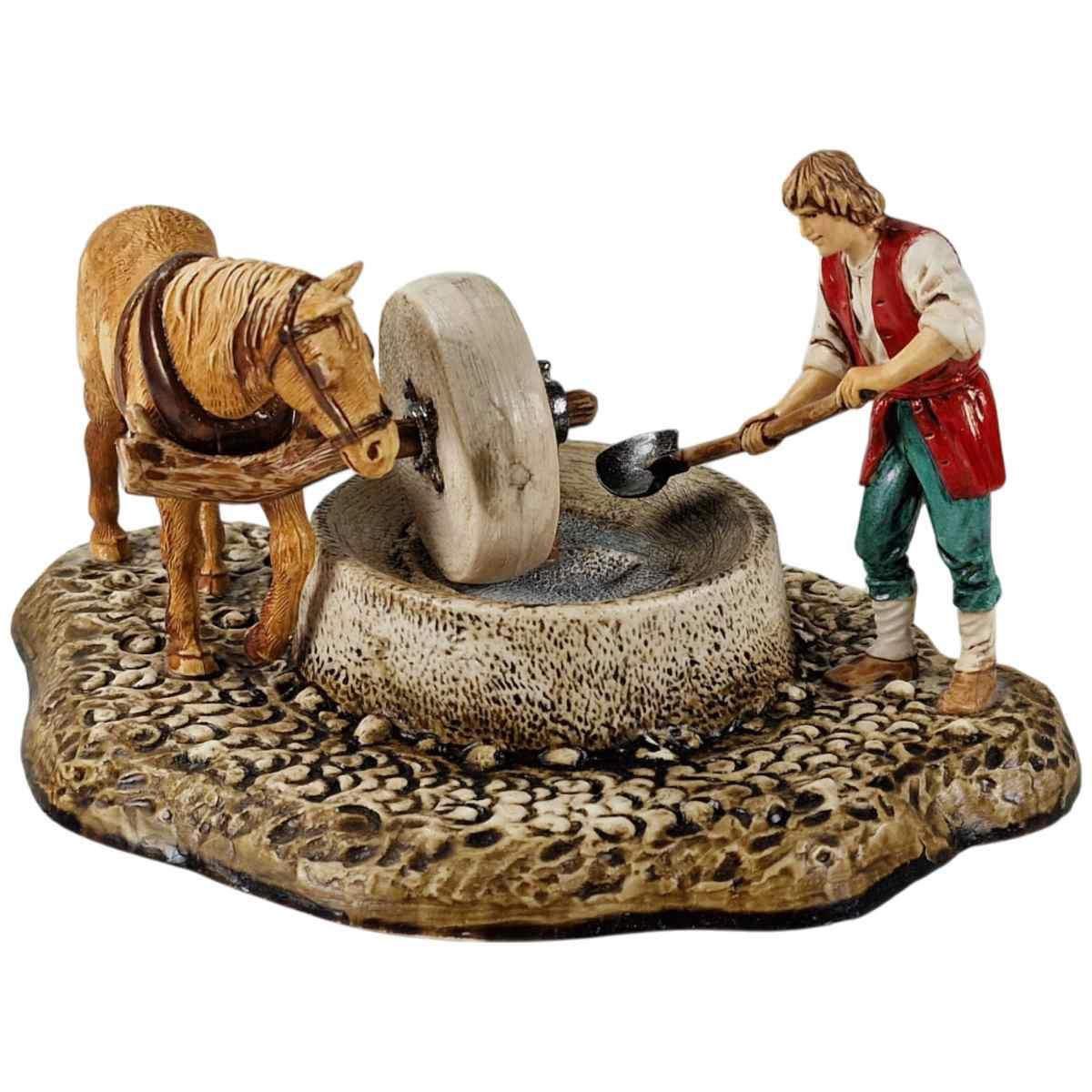 Statua cm.10 Gruppo Pastore alla Macina con Cavallo | Moranduzzo