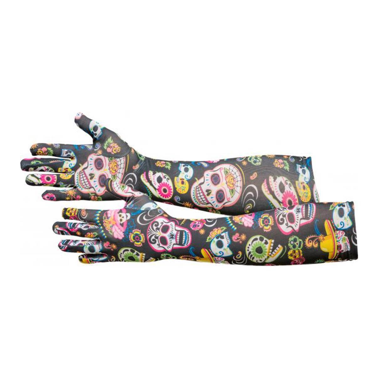 Guanti Lunghi Neri con Teschi Messicano Multicolor cm.60 |Orlob