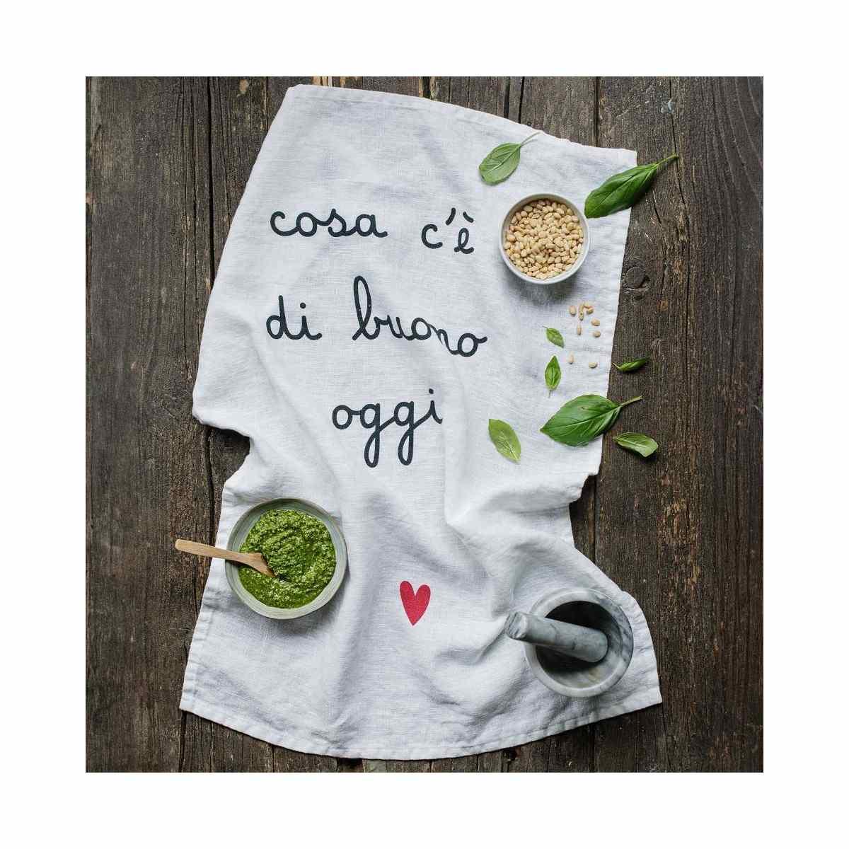 Strofinaccio Lino con Scritta Cosa c'è di Buono Oggi cm.50x70 | Simple