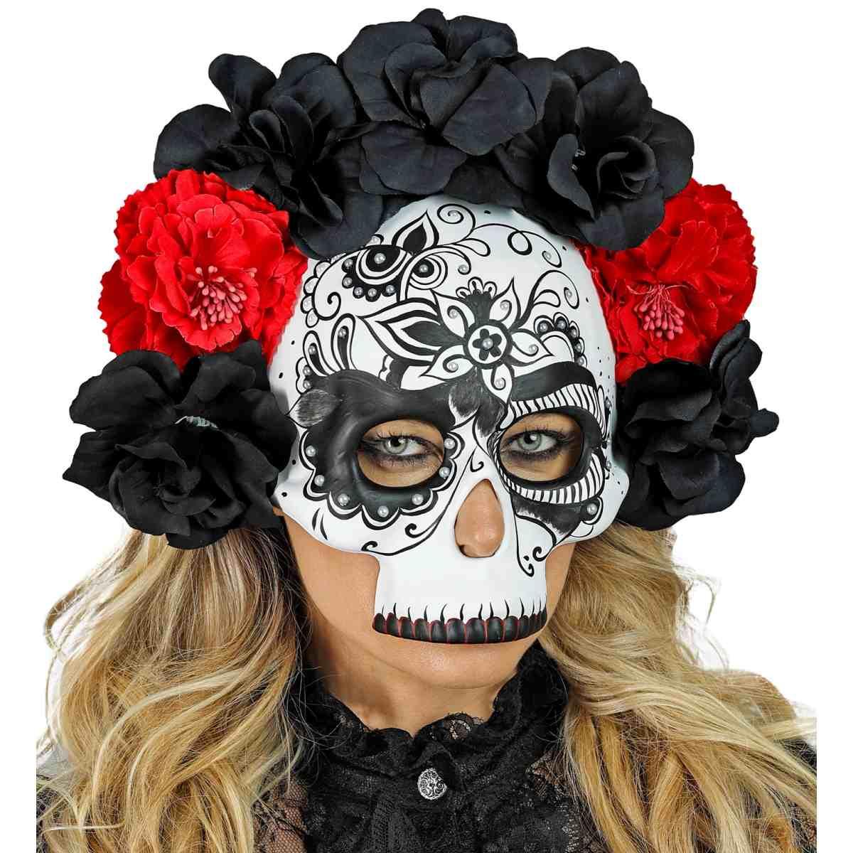 Maschera Viso PVC Horror Dia De Los Muertos con Fiori Mezzo Viso |Widmann