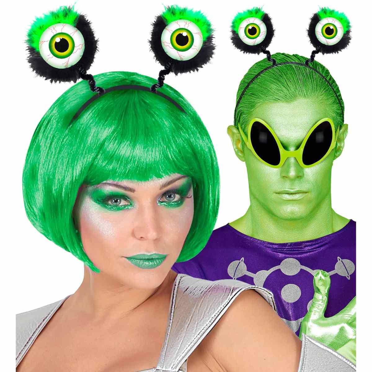 Cerchietto Alieno Occhi con Piume Verde |Widmann