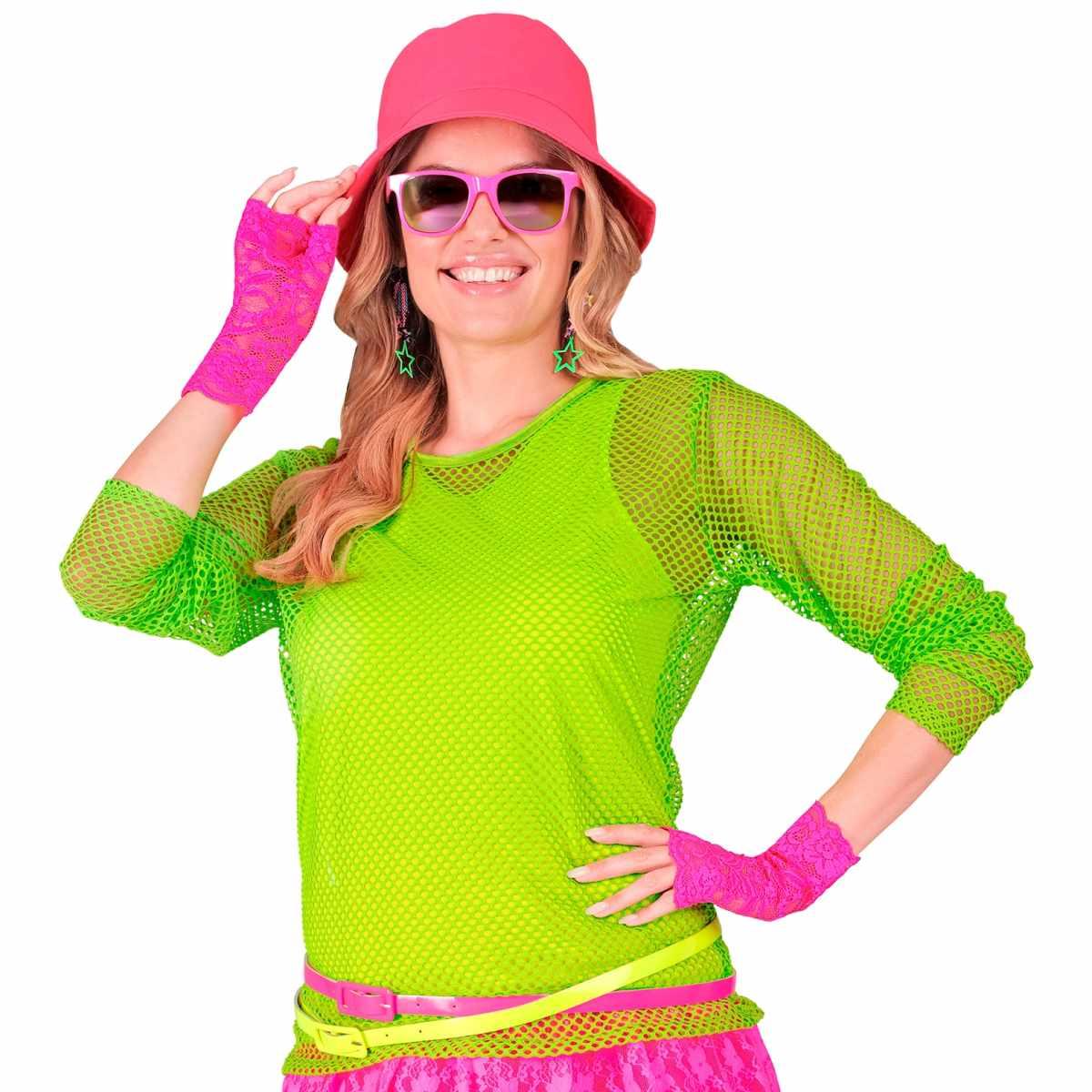 Guanti Corti Pizzo Rosa Fluo |Widmann