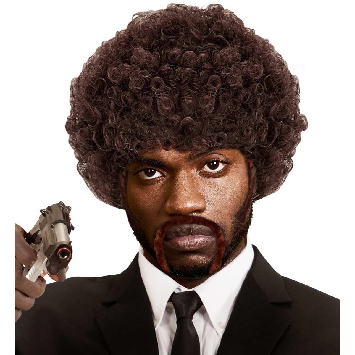 Parrucca Afro Castana Riccia Pulp con Baffi e Bate |Widmann