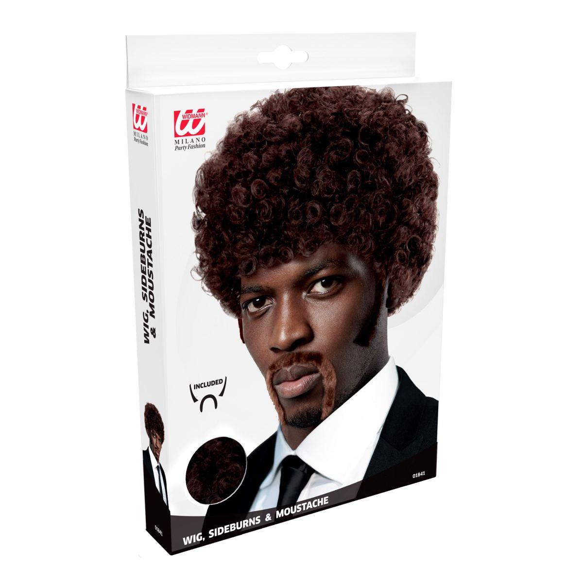 Parrucca Afro Castana Riccia Pulp con Baffi e Bate |Widmann