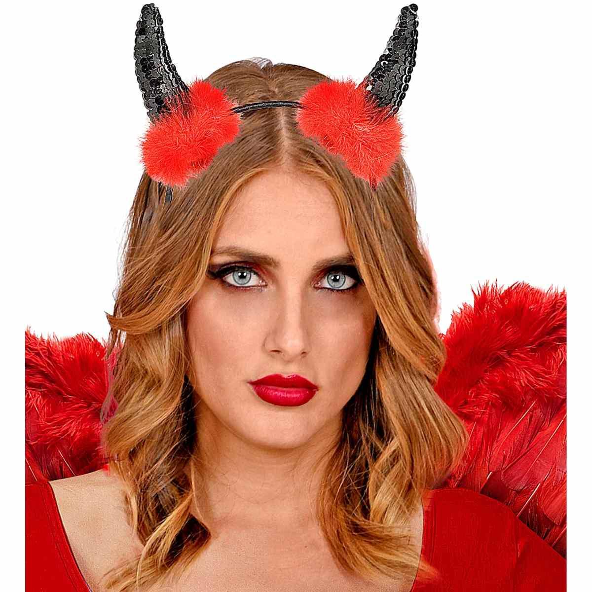 Cerchietto Con Corna Diavolo Paillettes Nere Marabou Rosso |Widmann