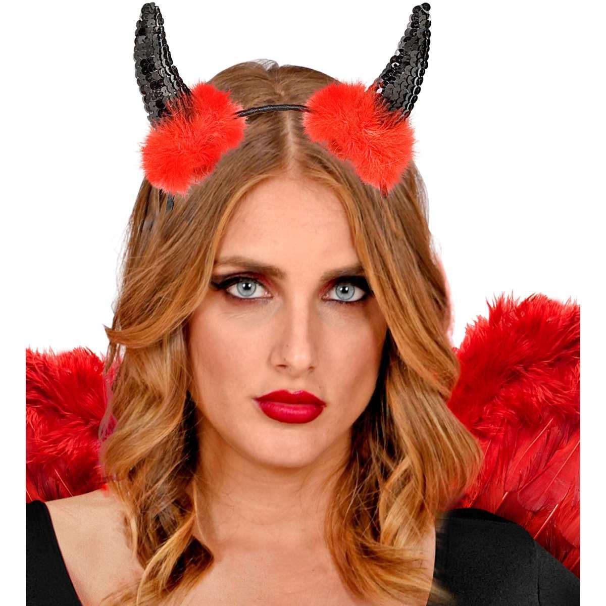 Cerchietto Con Corna Diavolo Paillettes Nere Marabou Rosso |Widmann