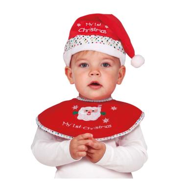 Bavaglino Set con Cappello Natalizio in Tessuto Rosso con Babbo | Guirca