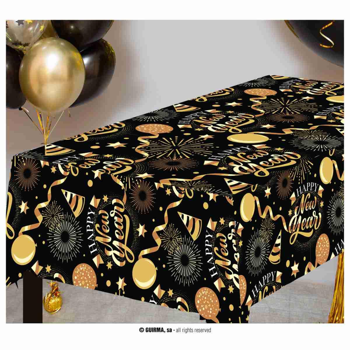 Tovaglia Capodanno Nera con Decori Oro cm.274x137 | Guirca
