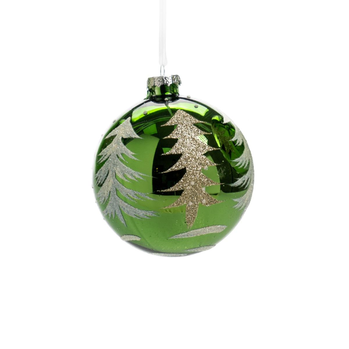 Pallina Natale Vetro cm.Ã˜12 Verde con Albero Oro |Silani_867