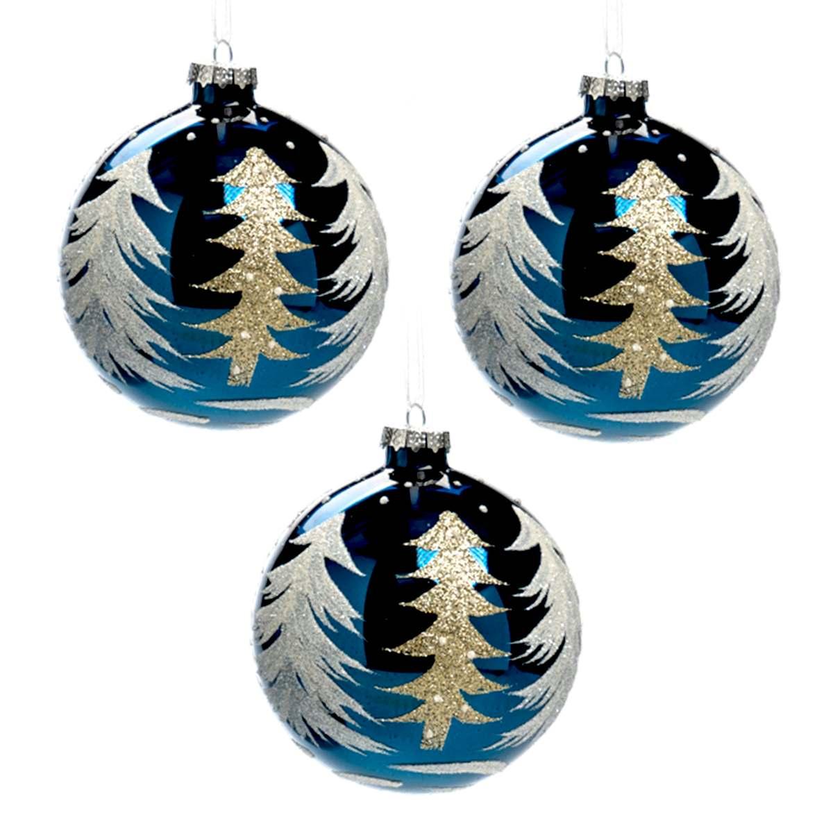 Pallina Natale Vetro cm.Ã˜10 Blu con Albero Oro |Silani_488