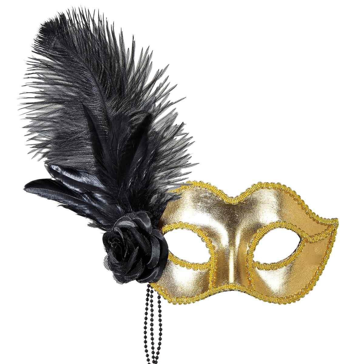 Maschera Viso PVC Veneziana Oro con Piuma e Rosa Nera|_862