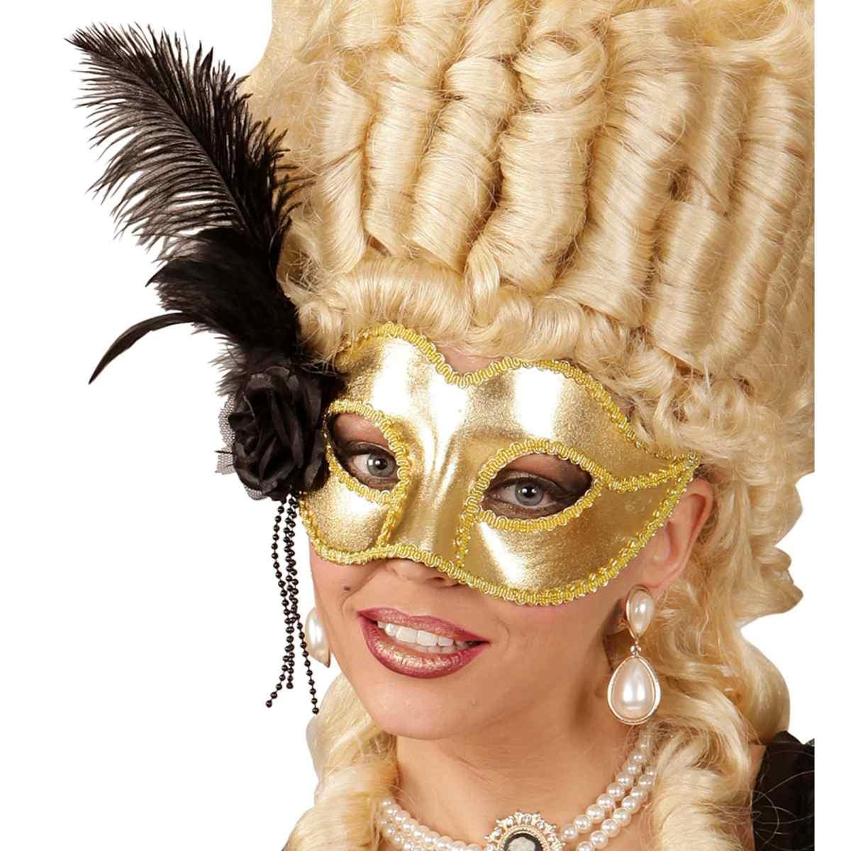 Maschera Viso PVC Veneziana Oro con Piuma e Rosa Nera|_862