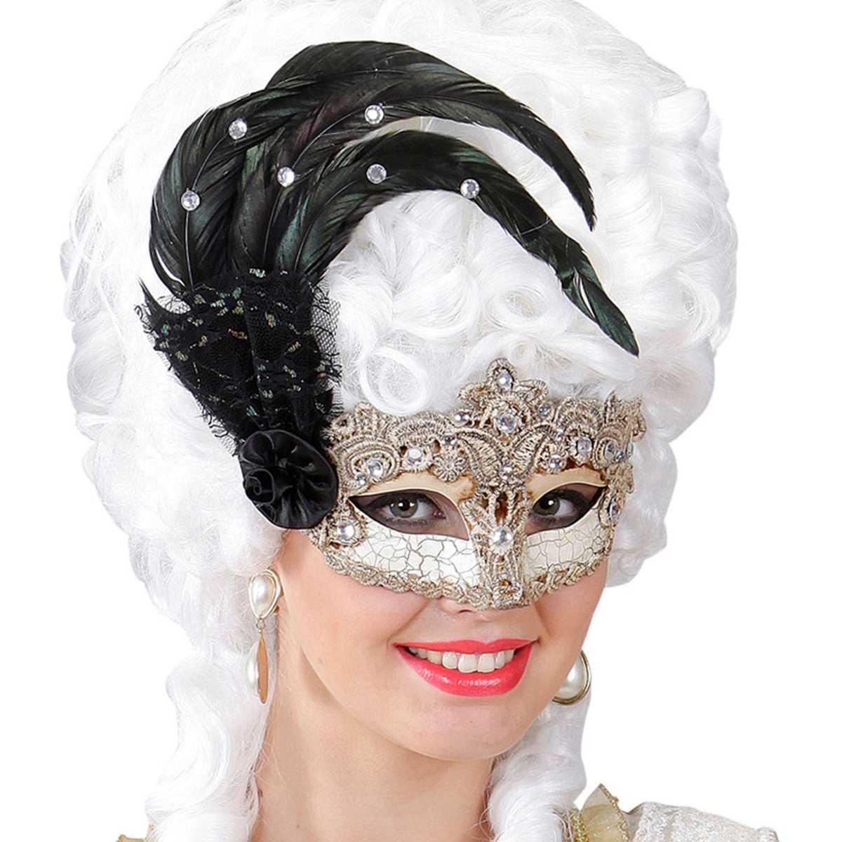 Maschera Viso PVC Veneziana Oro con Piuma Macrame|_215
