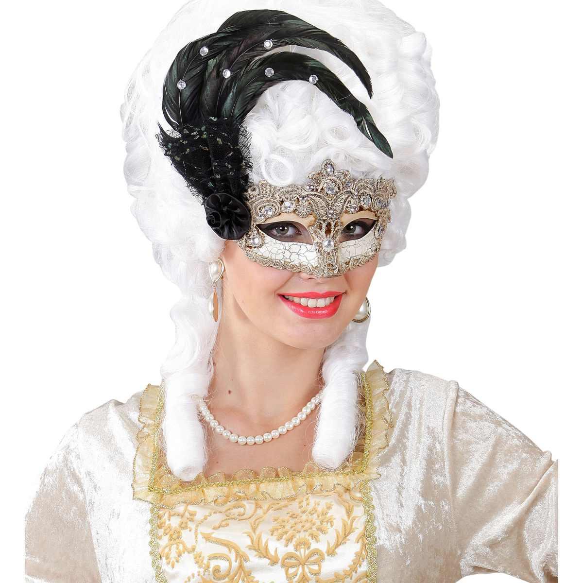 Maschera Viso PVC Veneziana Oro con Piuma Macrame|_215