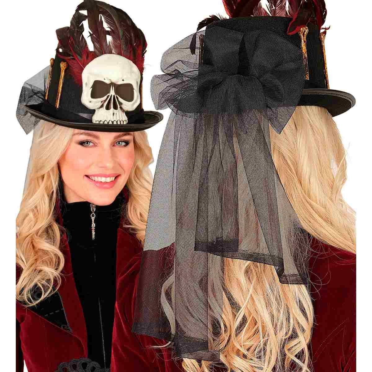 Cappello Cilindro Nero Voodoo Teschio e Piume |_895