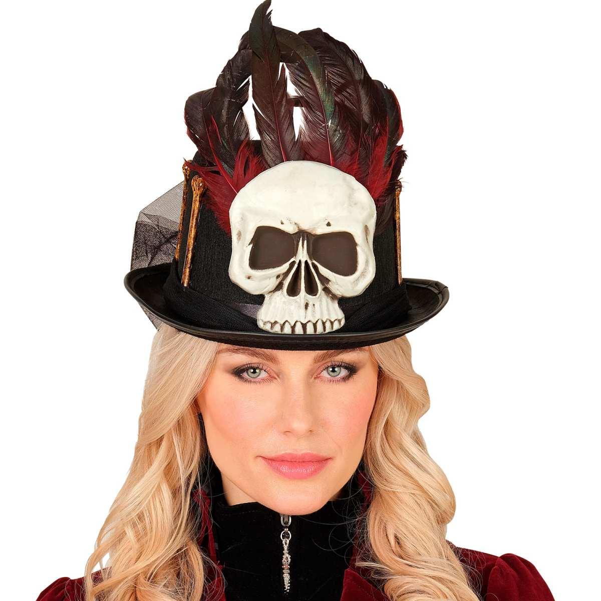 Cappello Cilindro Nero Voodoo Teschio e Piume |_895