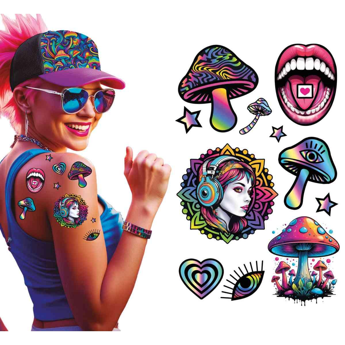 Tatuaggi Rimovibili Corpo Psicodelico Funghi Multicolor |_668