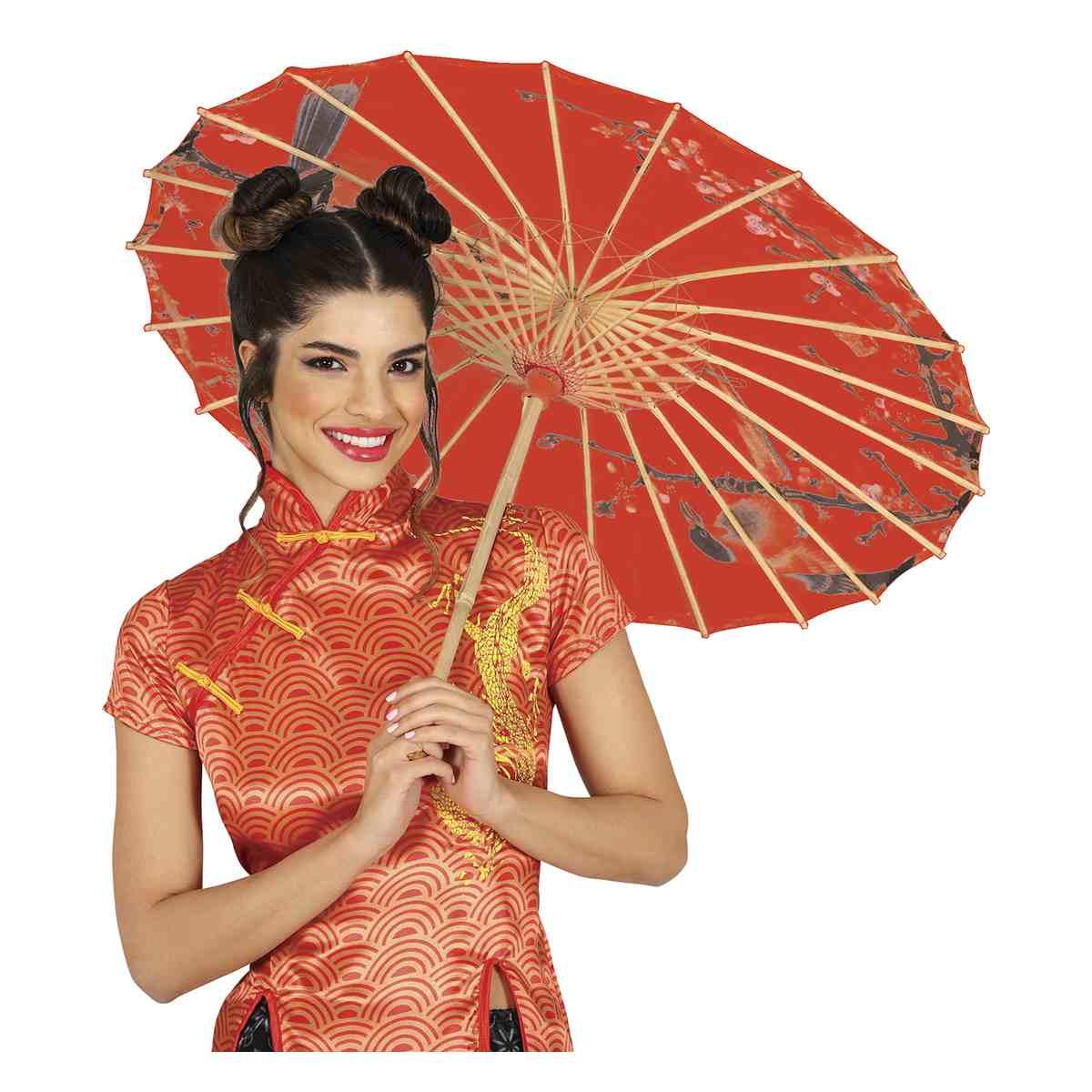 Ombrellino Legno e Carta Rosso con Decori Orientali cm.Ø82 |_906