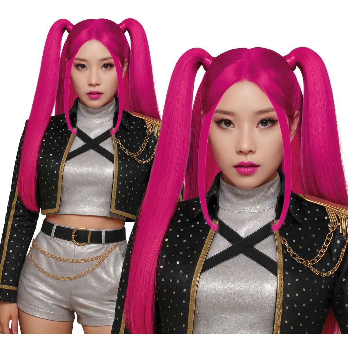 Parrucca Rosa Manga K Pop Lunga Liscia con Codini |_745
