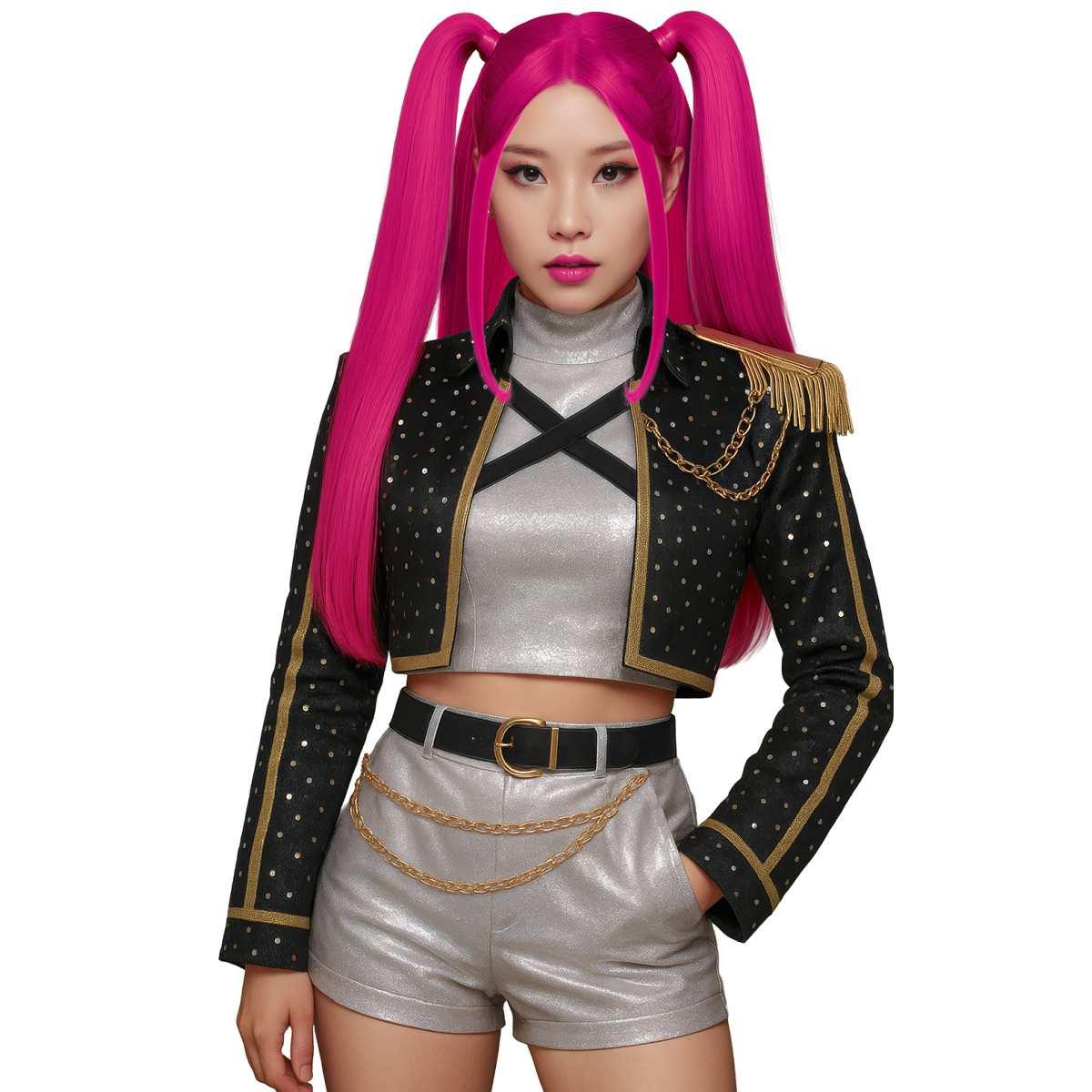 Parrucca Rosa Manga K Pop Lunga Liscia con Codini |_745