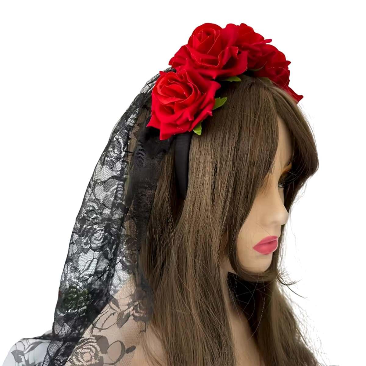 Cerchietto con Veletto Nero e Rose Rosse