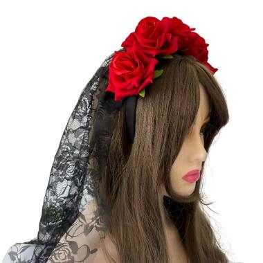 Cerchietto con Veletto Nero e Rose Rosse