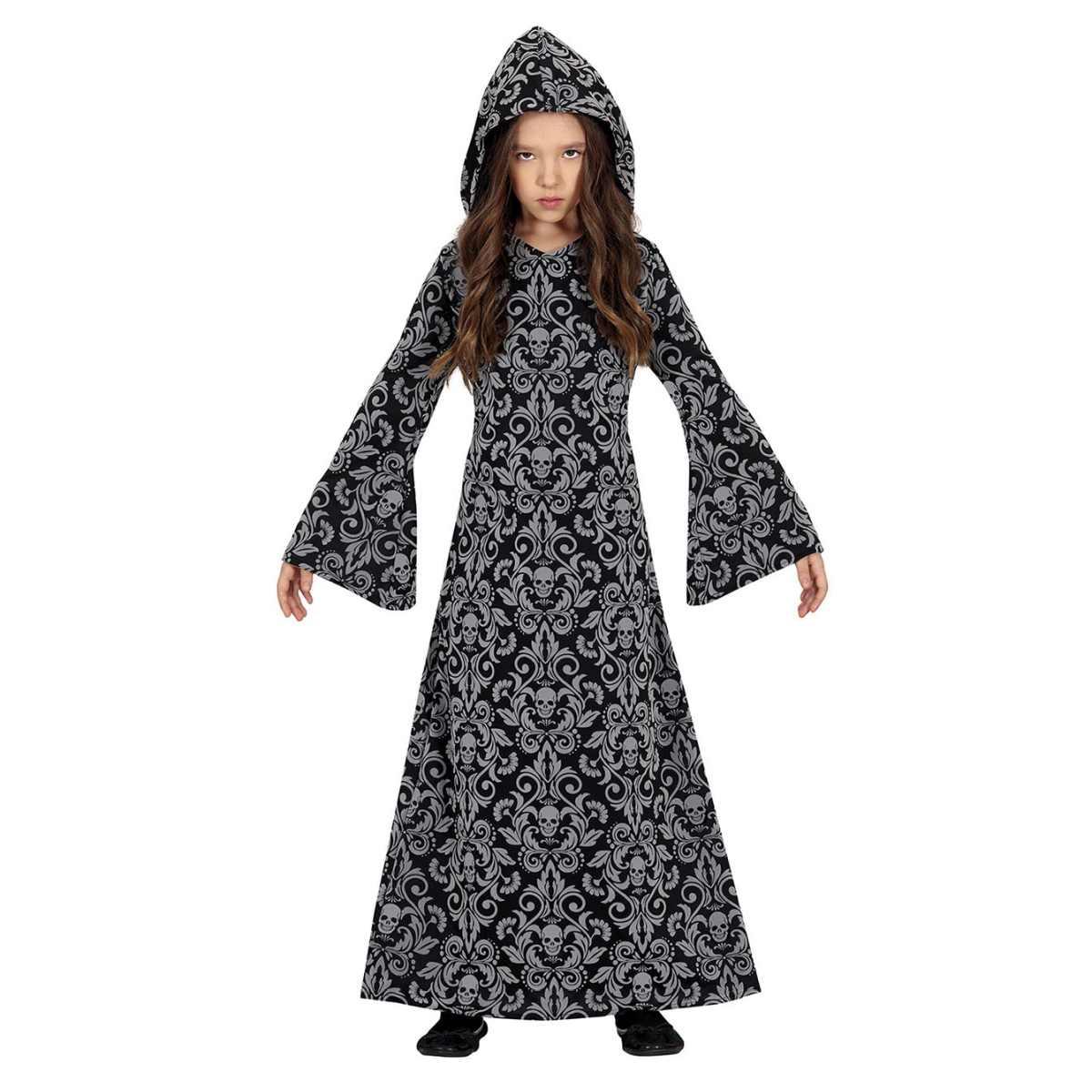 Costume Strega Tunica Con Cappuccio Grigia con Teschi Bambina