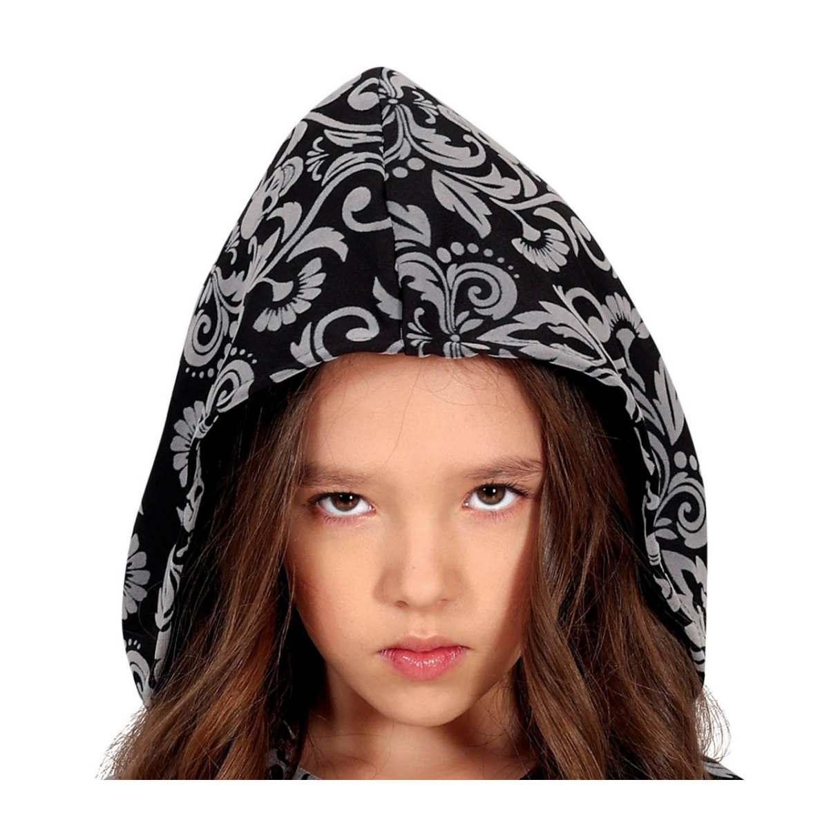 Costume Strega Tunica Con Cappuccio Grigia con Teschi Bambina