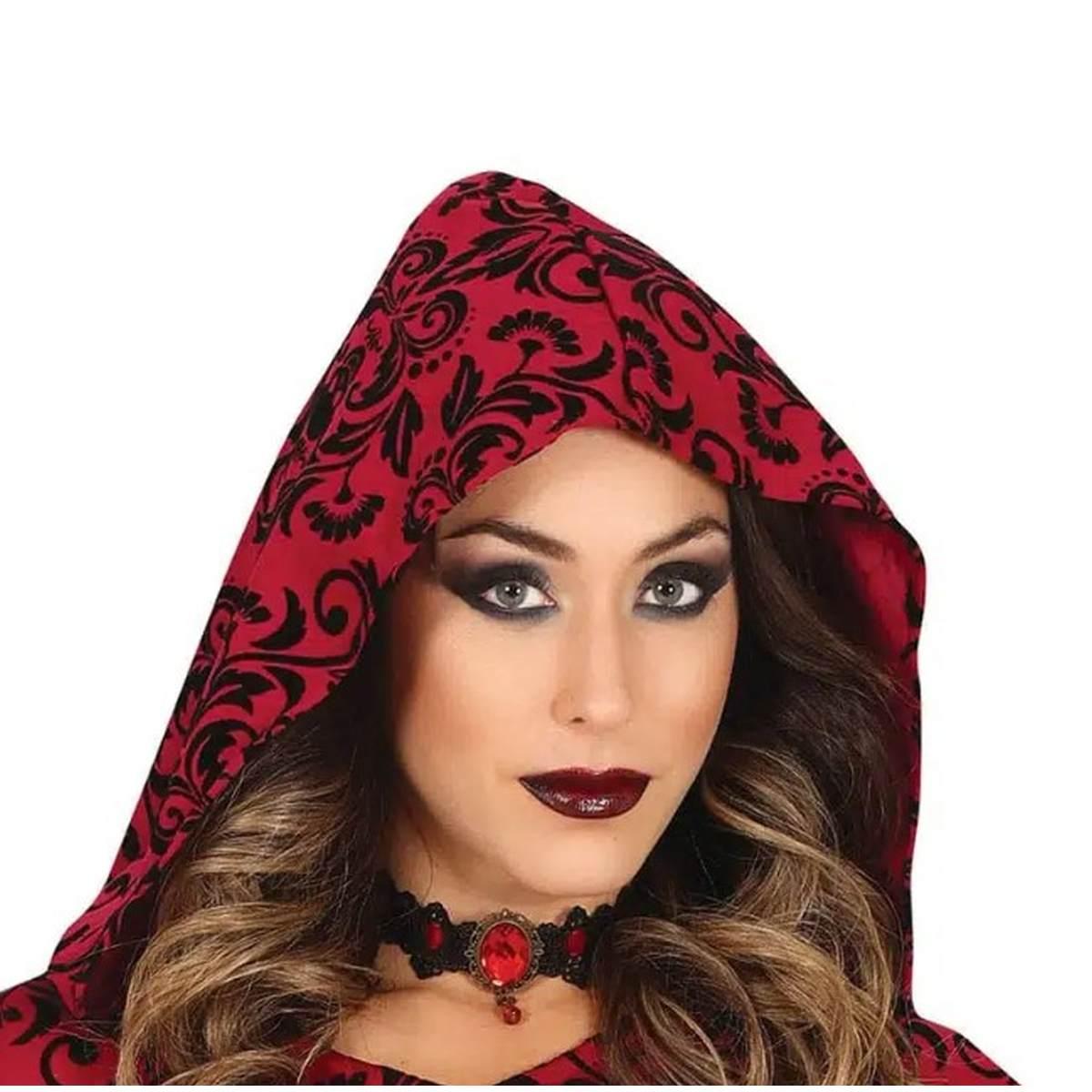 Costume Strega Tunica Con Cappuccio Rossa con Teschi |Donna