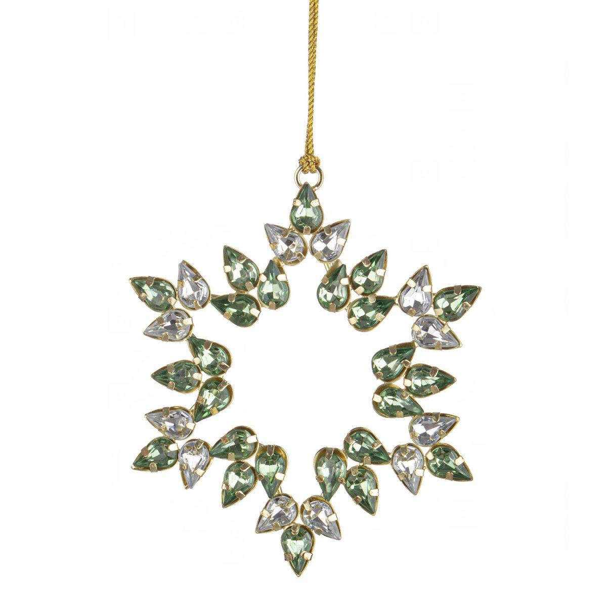 Decorazione natalizia fiocco neve pietre bianche verdi 12 cm