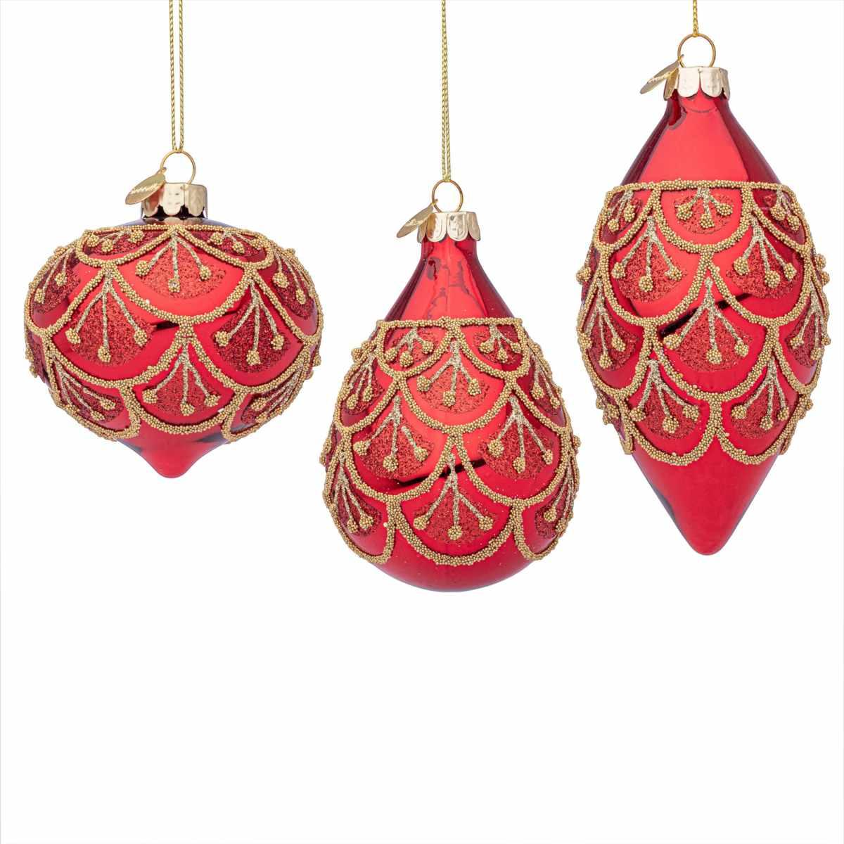 Pallina di Natale in vetro goccia rossa glitter oro 13 cm |_810C