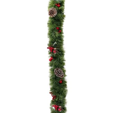 Ghirlanda natalizia verde con bacche rosse e pigne 250 cm