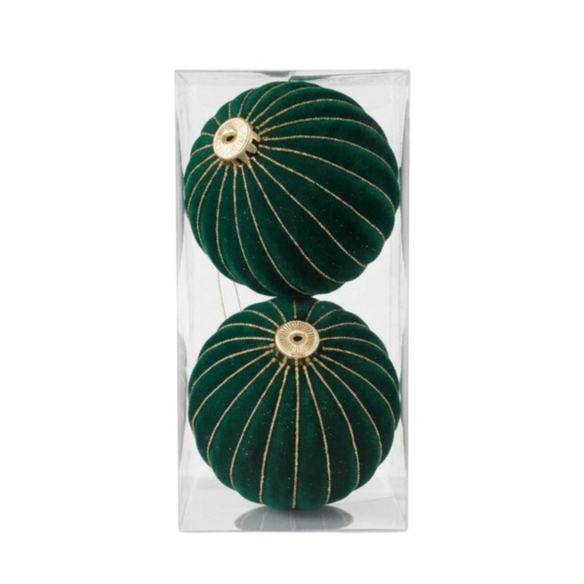 Pallina Ø 12 cm natalizia velluto verde foresta righe oro Set 2 pz