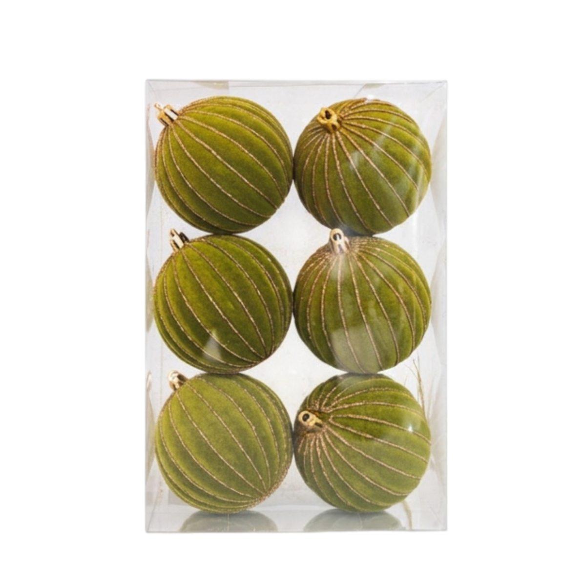 Pallina Ø 8 cm natalizia velluto verde acido righe oro Set 6 pz