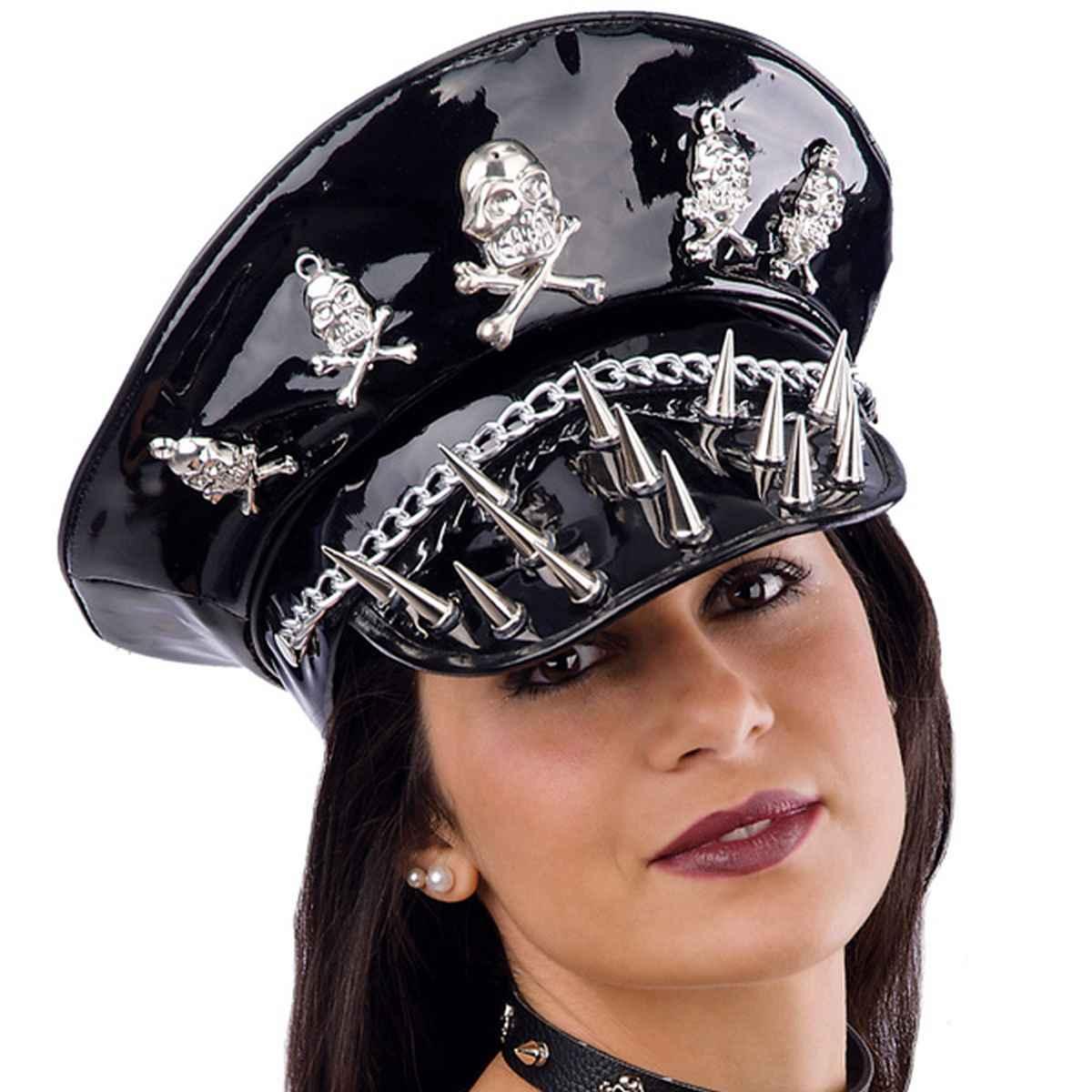 Cappello Punk Vinile Nero con Teschi e Punte |Carnival Toys