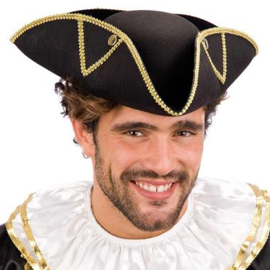 Cappello Tricorno Veneziano Nero con Rifiniture Oro |Carnival Toys