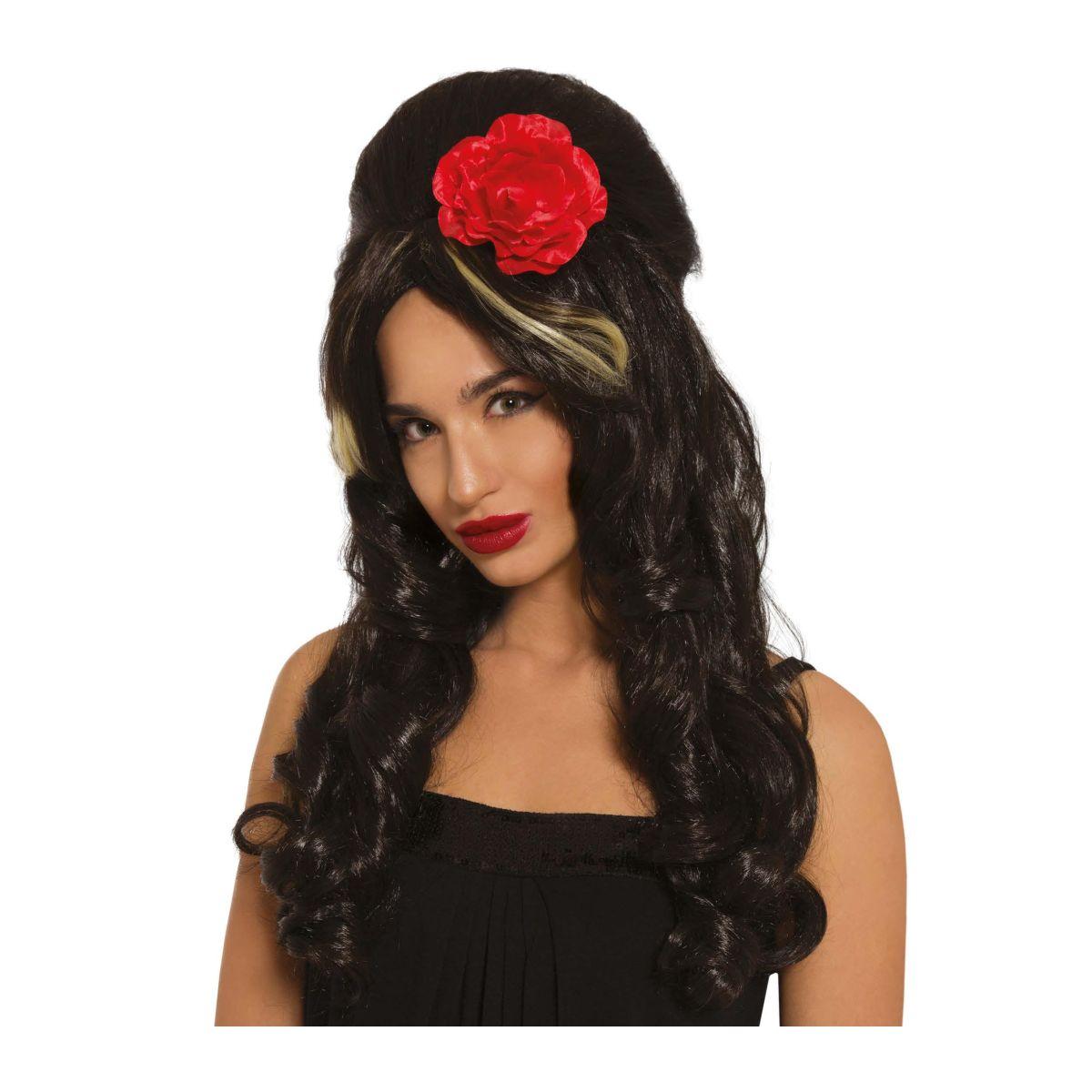 Parrucca nera pop star Amy con rosa rossa