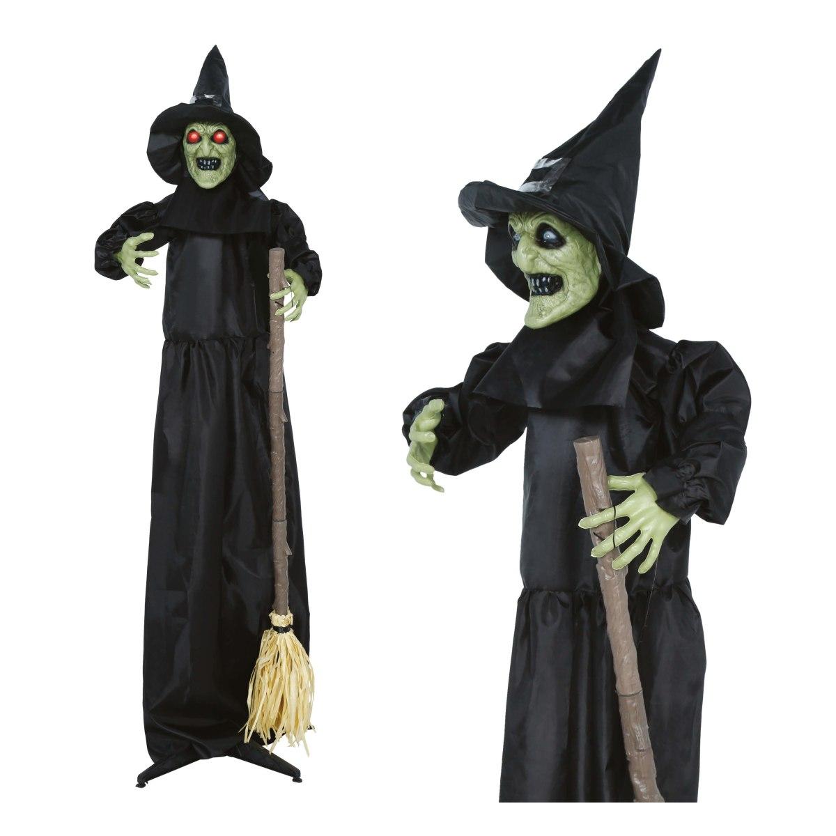 Strega spaventapasseri con scopa luci suono movimento 185 cm
