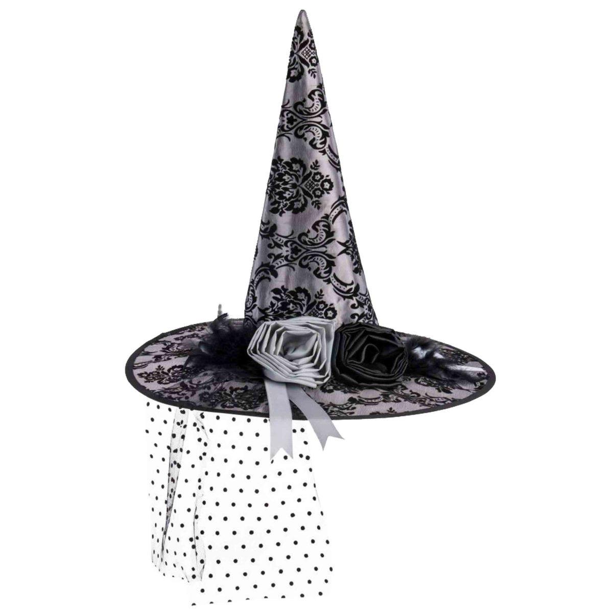 Cappello Strega Tessuto Damascato Grigio con Velo |Carnival Toys