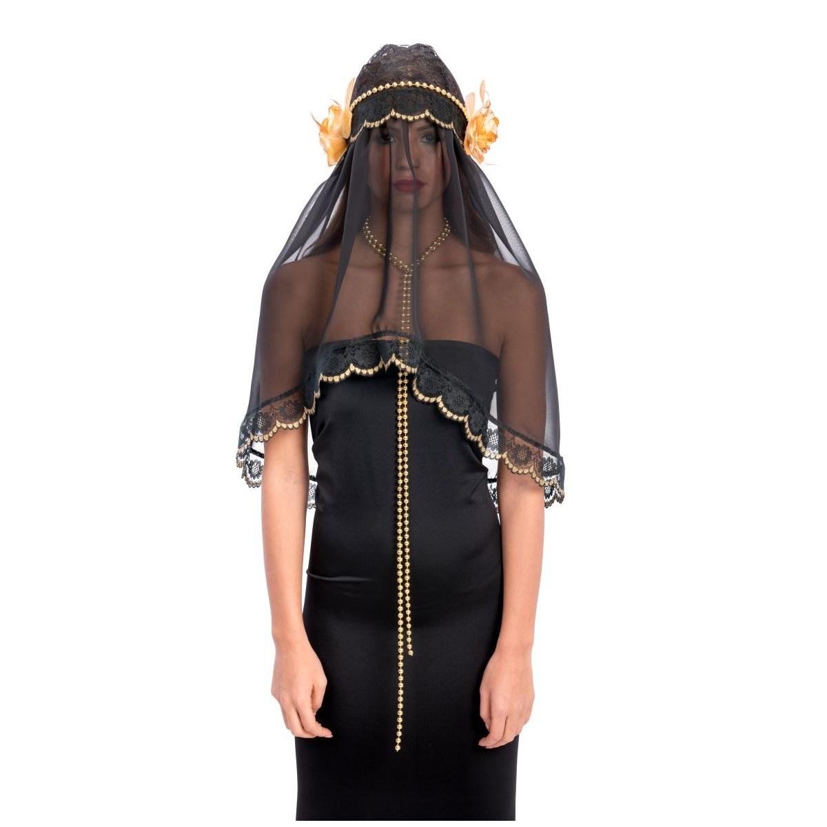 Copricapo Velo Nero Pizzo e Rose cm.77 |Carnival Toys