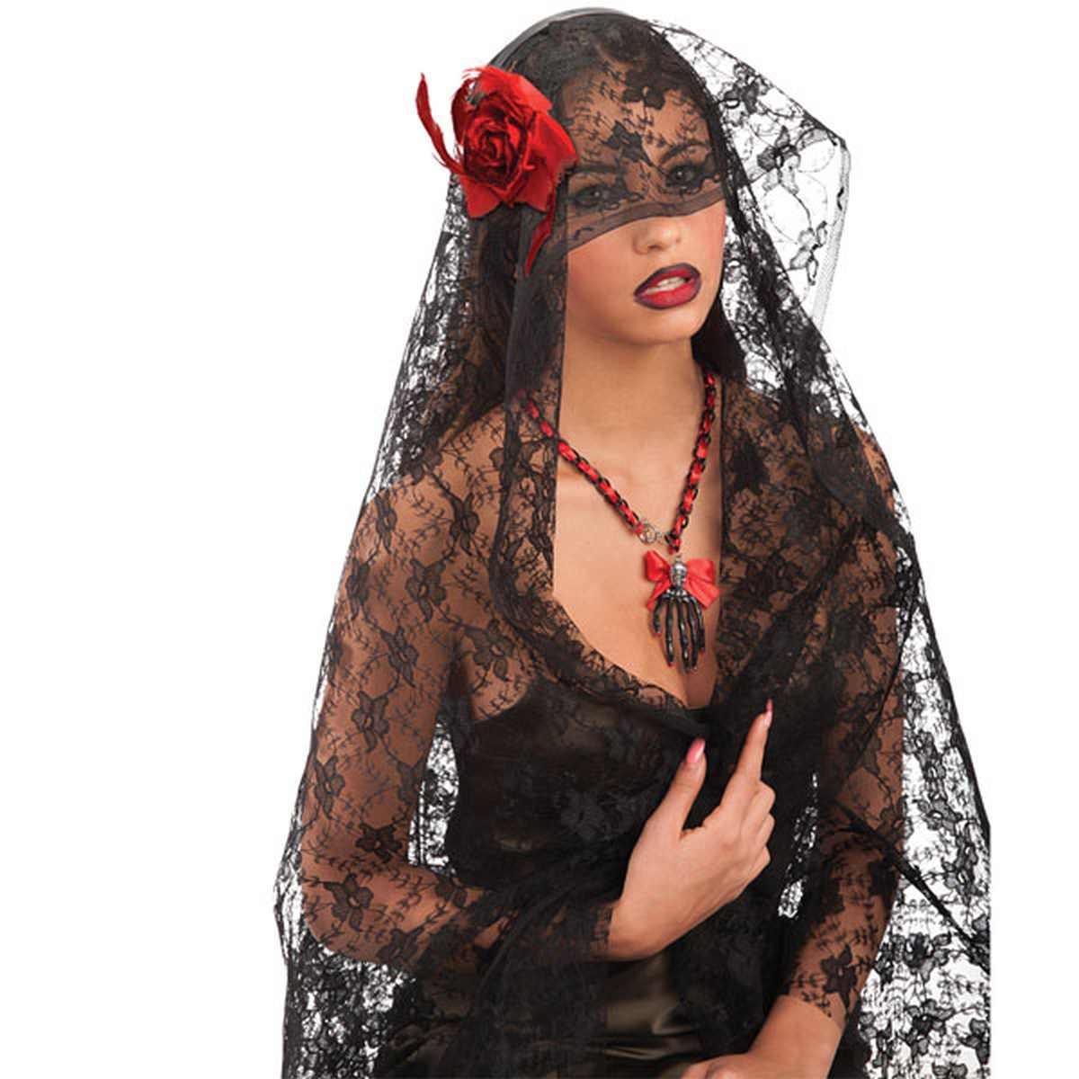 Copricapo Spagnola Velo Pizzo Nero con Rosa |Carnival Toys