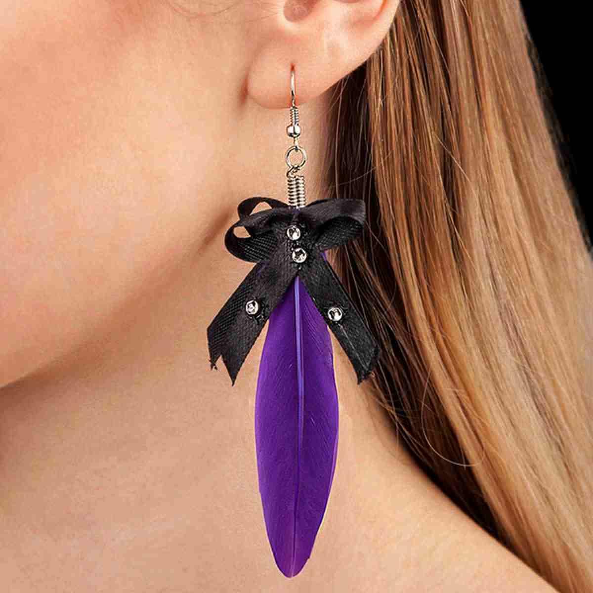 Orecchini con Piuma Viola e Fiocco con Strass |Carnival Toys