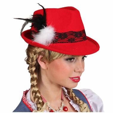 Cappello Bavarese Tirolese Feltro Rosso con Pizzo e Piume |Orlob