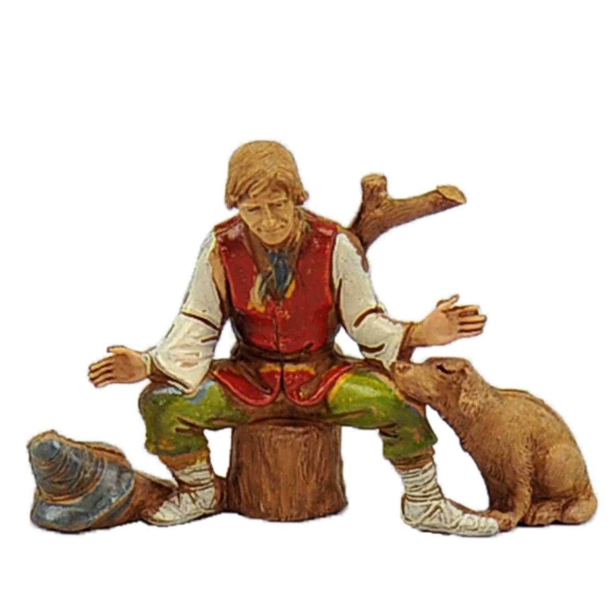 Statua cm.10 Pastore Seduto sul Tronco con Cane |Moranduzzo