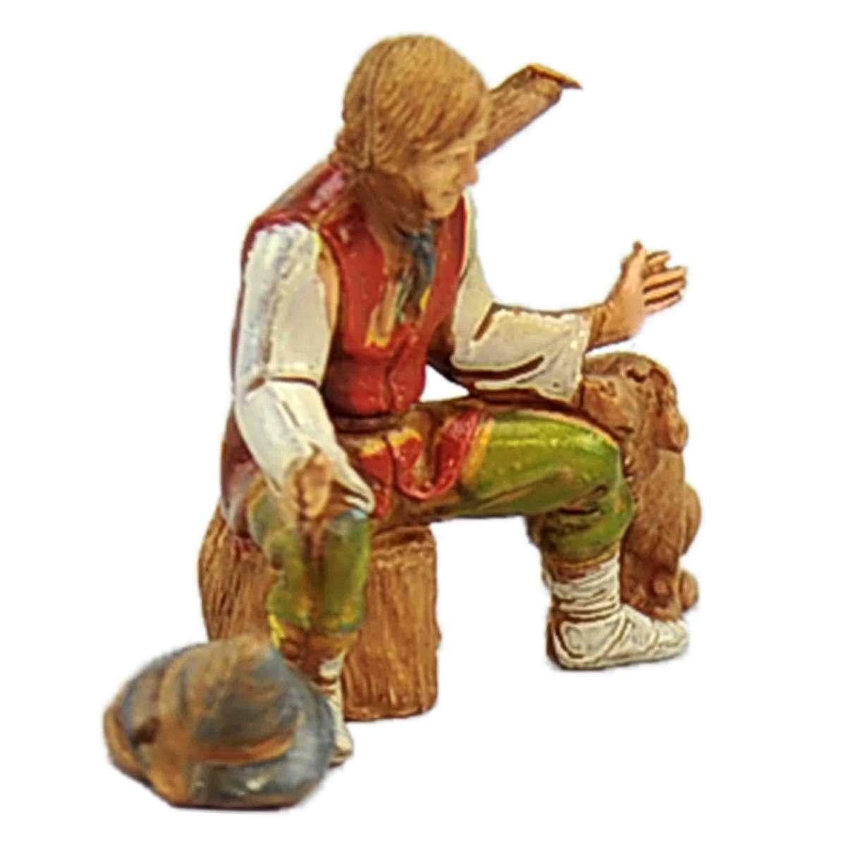Statua cm.10 Pastore Seduto sul Tronco con Cane |Moranduzzo