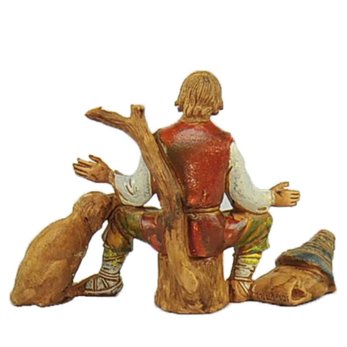 Statua cm.10 Pastore Seduto sul Tronco con Cane |Moranduzzo