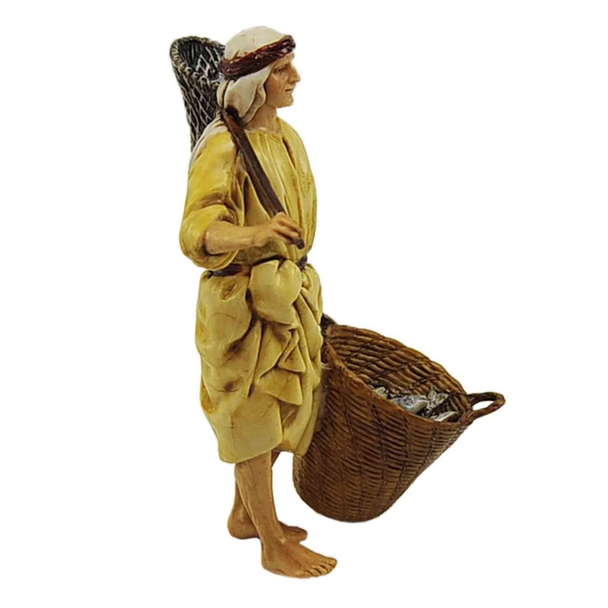 Statua presepe 13 cm pescatore con cesta e guadino