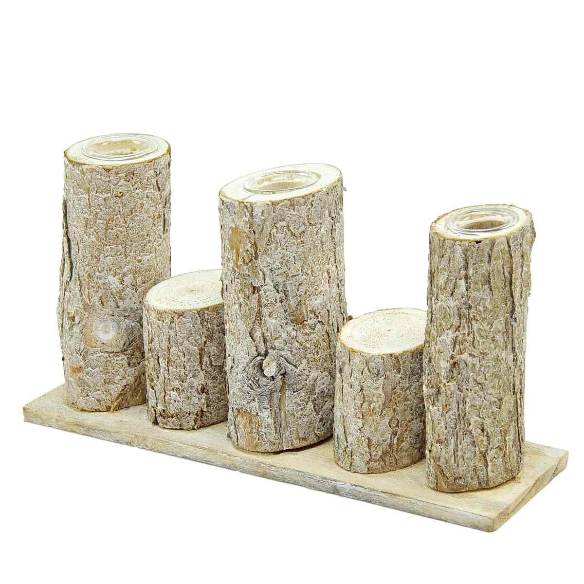 Portacandela 3 Posto Legno con Tronchi cm.31x7xh13 |Moranduzzo